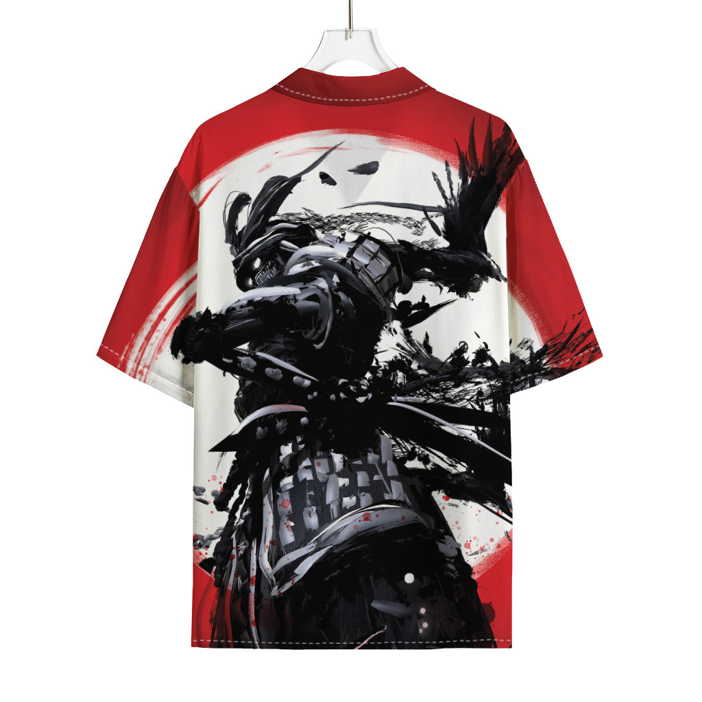 Samurai And Crow Print Rayon Hawaiian Shirt