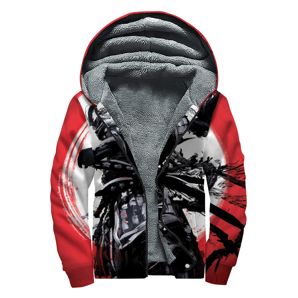 Samurai And Crow Print Sherpa Lined Zip Up Hoodie
