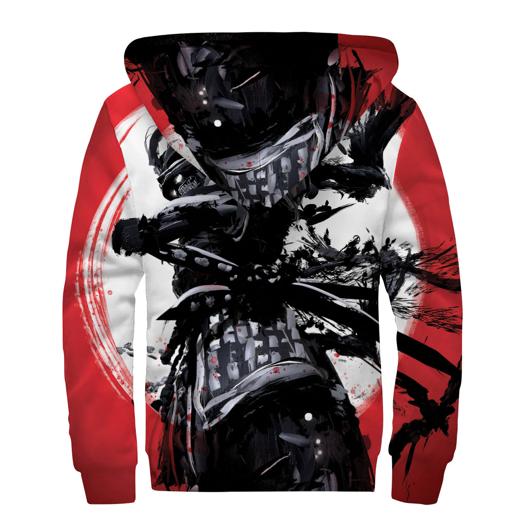 Samurai And Crow Print Sherpa Lined Zip Up Hoodie