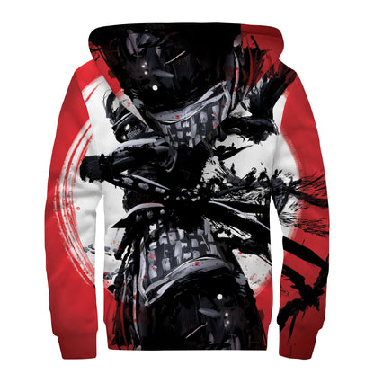 Samurai And Crow Print Sherpa Lined Zip Up Hoodie