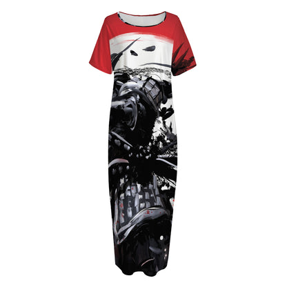 Samurai And Crow Print Short Sleeve Long Nightdress