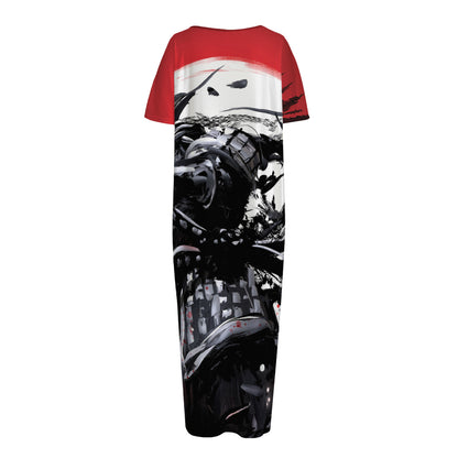 Samurai And Crow Print Short Sleeve Long Nightdress