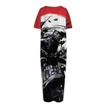 Samurai And Crow Print Short Sleeve Long Nightdress
