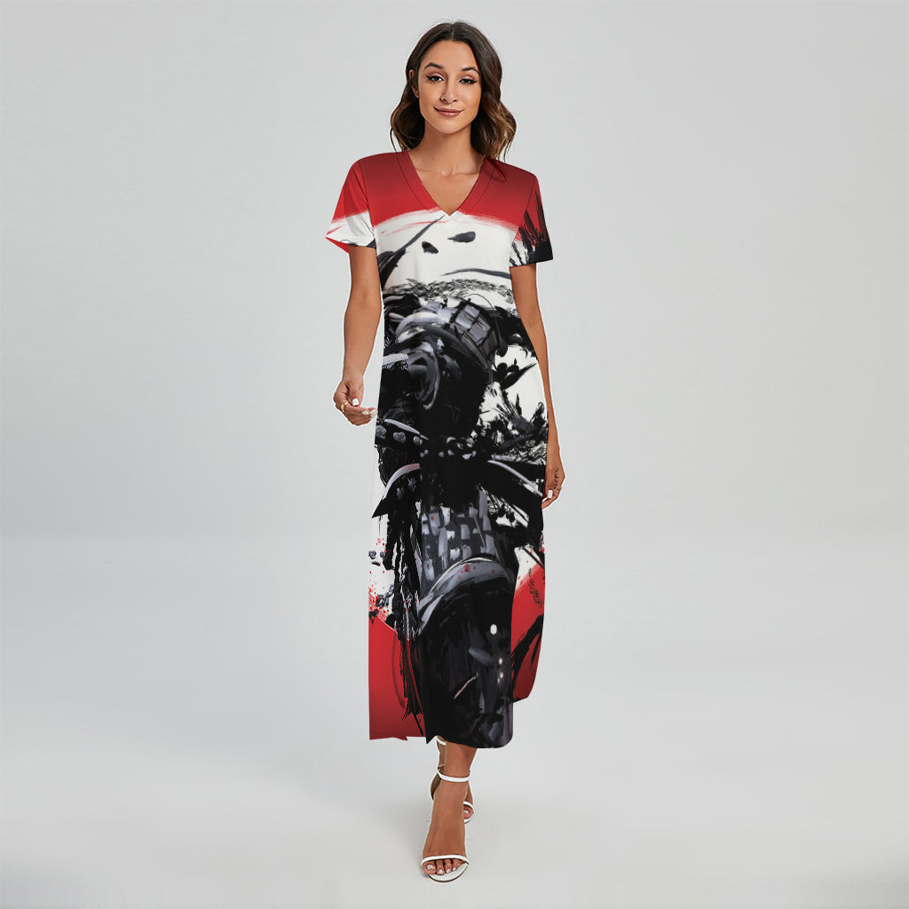 Samurai And Crow Print Short Sleeve Maxi Dress