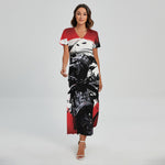 Samurai And Crow Print Short Sleeve Maxi Dress