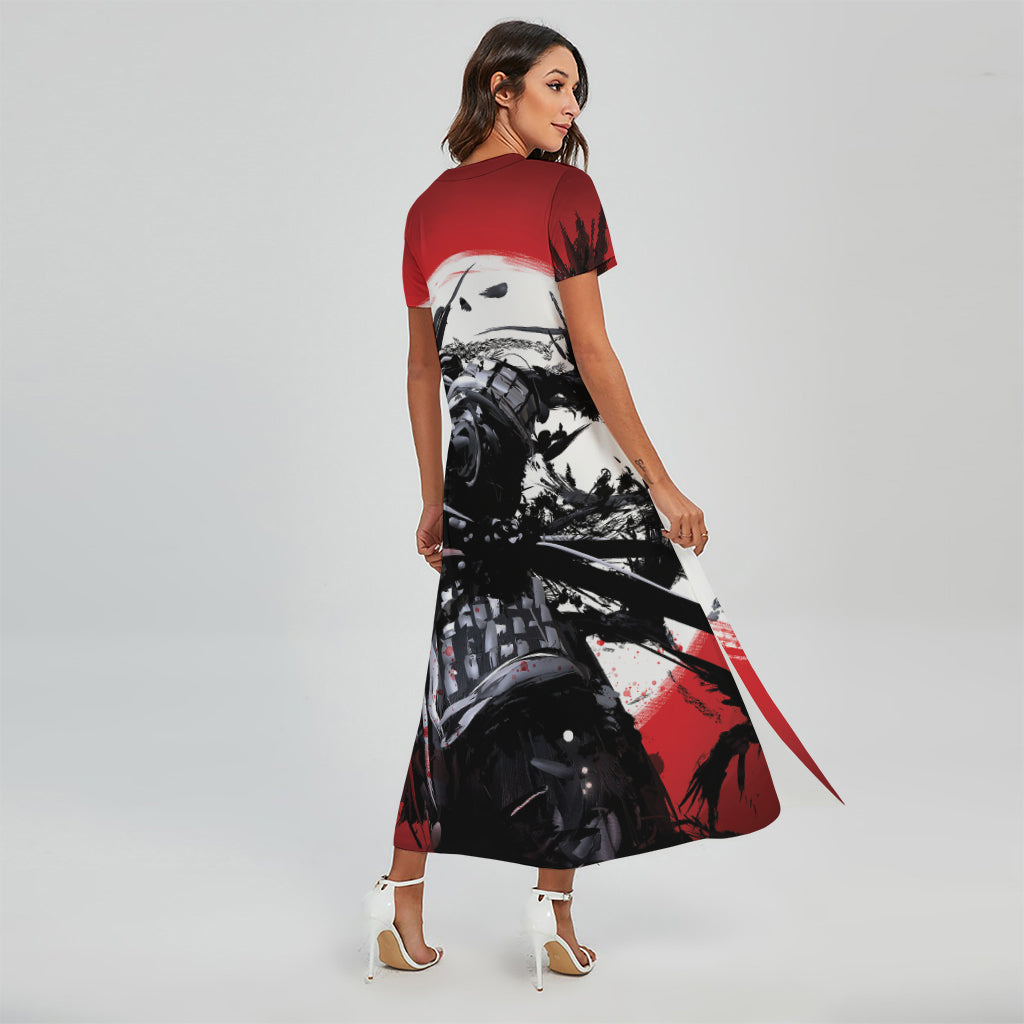 Samurai And Crow Print Short Sleeve Maxi Dress