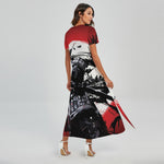 Samurai And Crow Print Short Sleeve Maxi Dress
