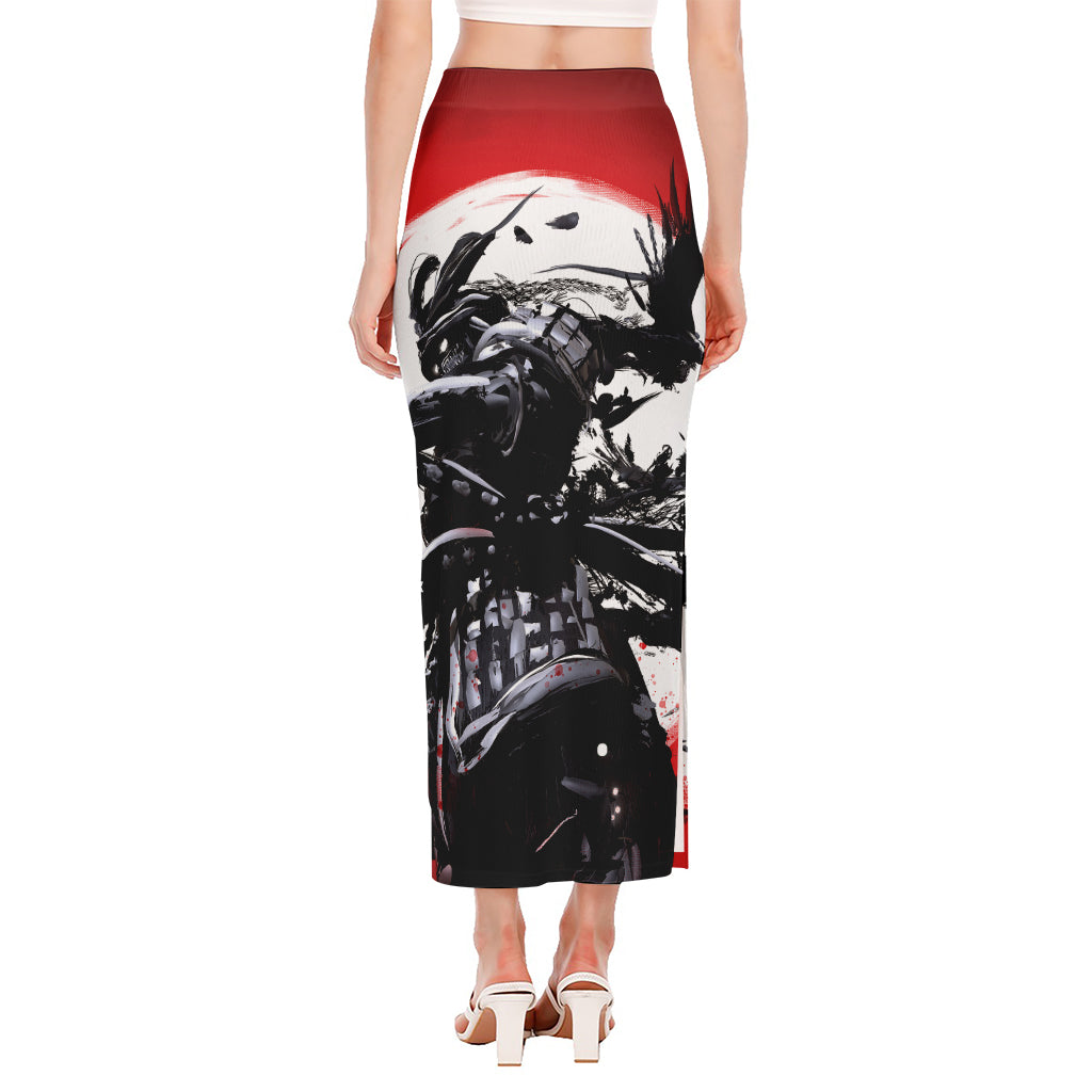Samurai And Crow Print Side Slit Maxi Skirt