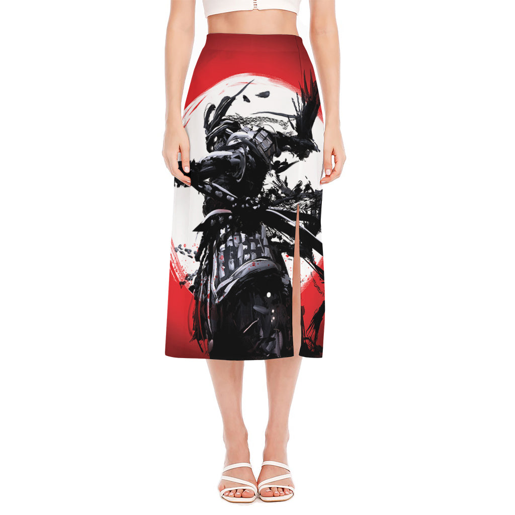 Samurai And Crow Print Side Slit Midi Skirt