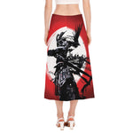 Samurai And Crow Print Side Slit Midi Skirt