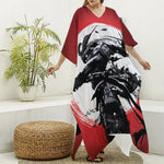 Samurai And Crow Print Silk V-Neck Kaftan Dress