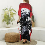 Samurai And Crow Print Silk V-Neck Kaftan Dress