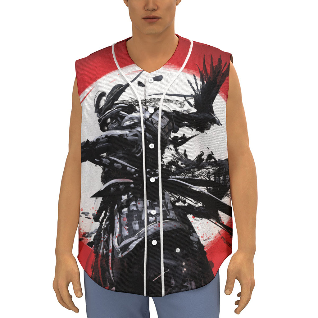 Samurai And Crow Print Sleeveless Baseball Jersey