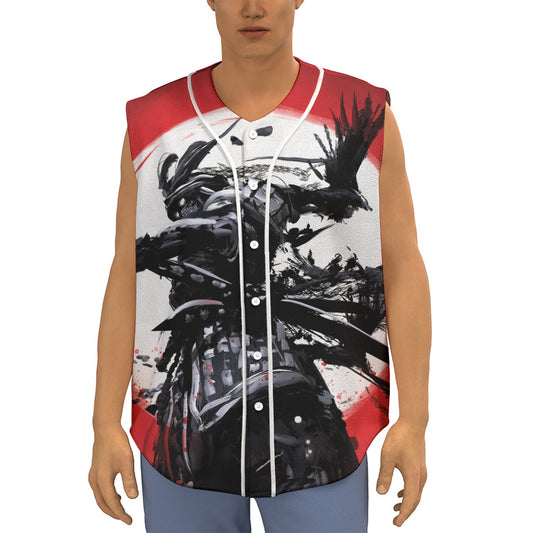 Samurai And Crow Print Sleeveless Baseball Jersey
