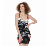 Samurai And Crow Print Sleeveless Bodycon Dress