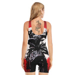 Samurai And Crow Print Sleeveless One Piece Swimsuit