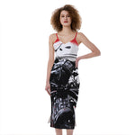 Samurai And Crow Print Slim Fit Midi Cami Dress