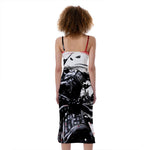 Samurai And Crow Print Slim Fit Midi Cami Dress