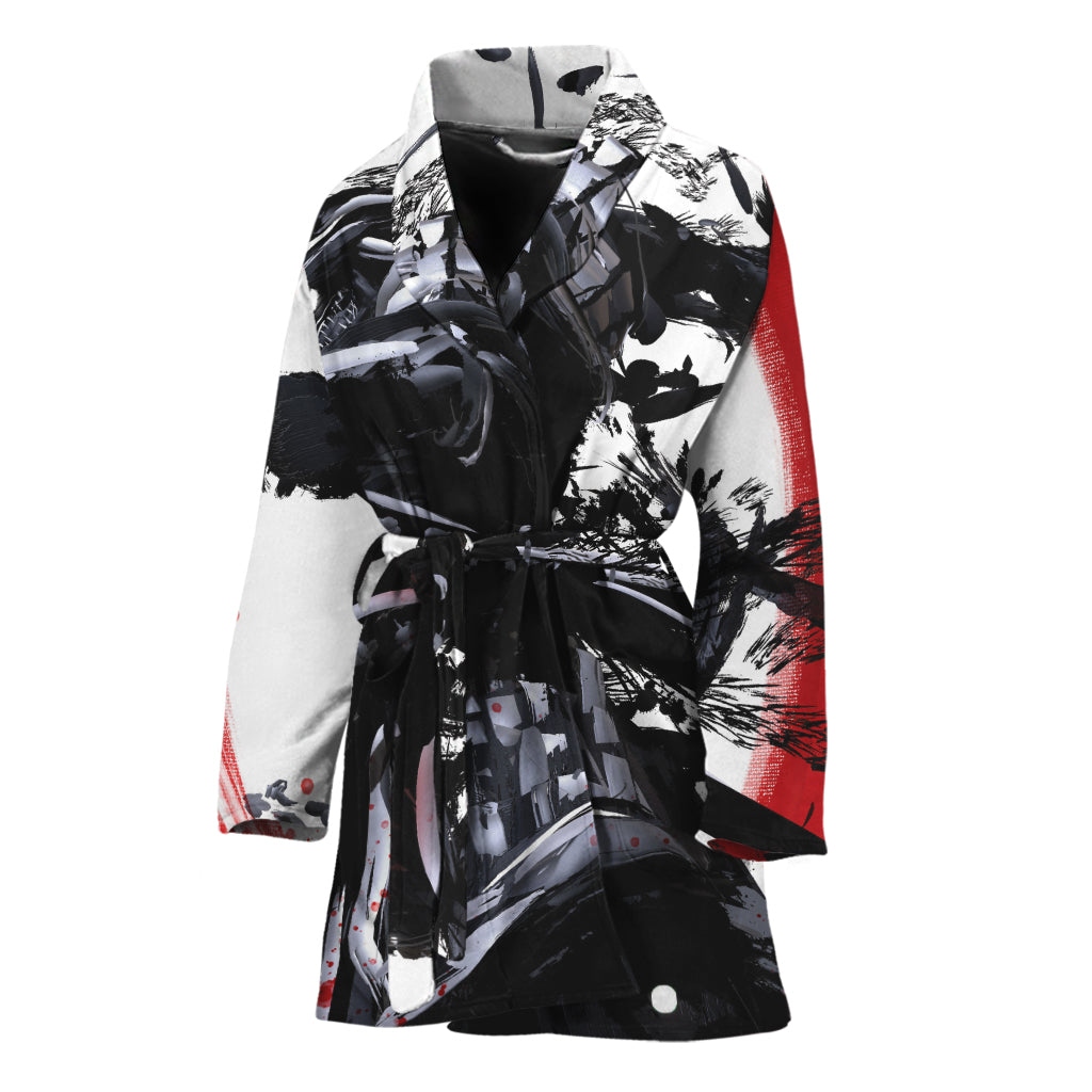 Samurai And Crow Print Women's Bathrobe