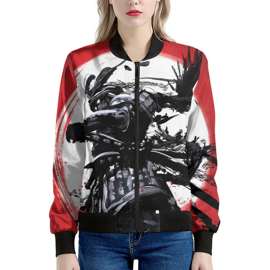 Samurai And Crow Print Women's Bomber Jacket