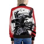 Samurai And Crow Print Women's Bomber Jacket
