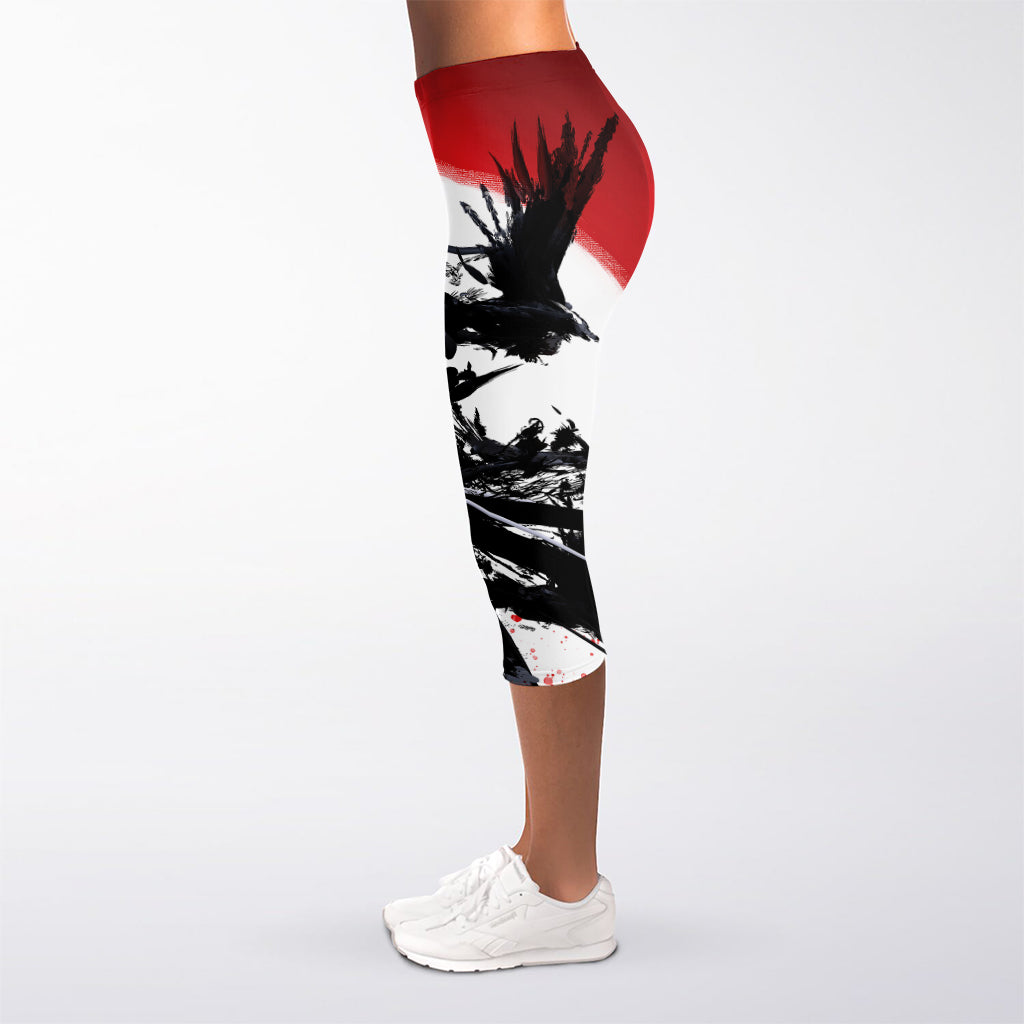 Samurai And Crow Print Women's Capri Leggings