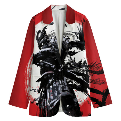 Samurai And Crow Print Women's Cotton Blazer