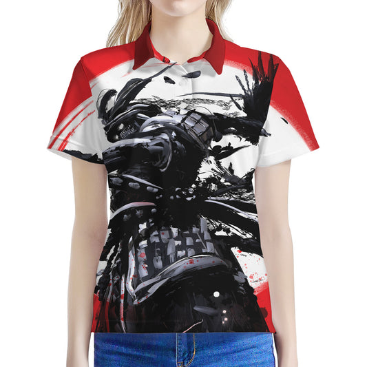Samurai And Crow Print Women's Polo Shirt