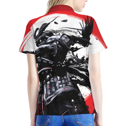 Samurai And Crow Print Women's Polo Shirt