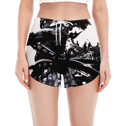 Samurai And Crow Print Women's Split Running Shorts