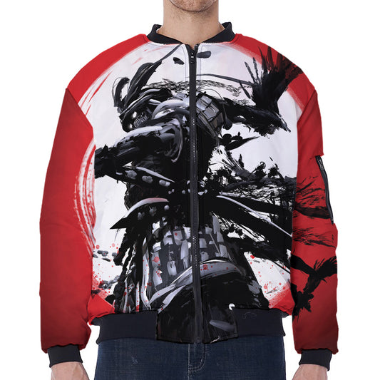 Samurai And Crow Print Zip Sleeve Bomber Jacket