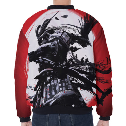 Samurai And Crow Print Zip Sleeve Bomber Jacket
