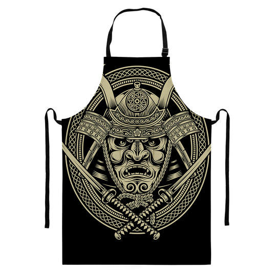Samurai Warrior Mask Print Bib Apron With Pocket