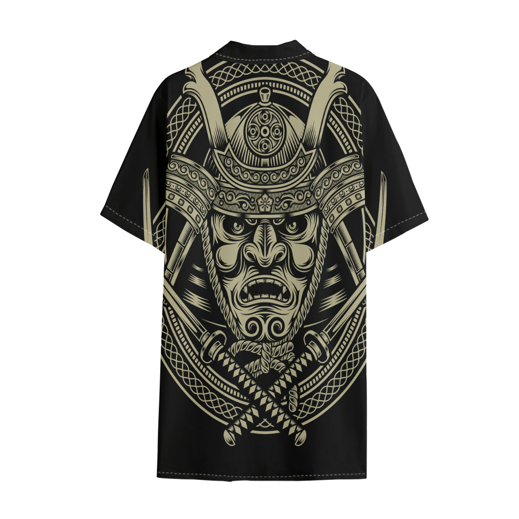 Samurai Warrior Mask Print Cotton Hawaiian Shirt
