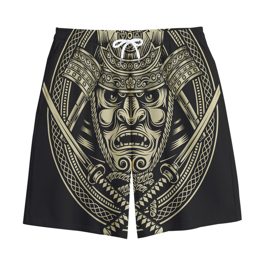 Samurai Warrior Mask Print Cotton Shorts