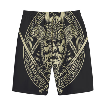 Samurai Warrior Mask Print Cotton Shorts