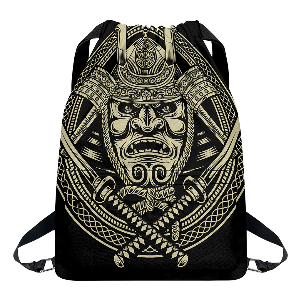 Samurai Warrior Mask Print Drawstring Backpack