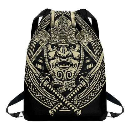 Samurai Warrior Mask Print Drawstring Backpack