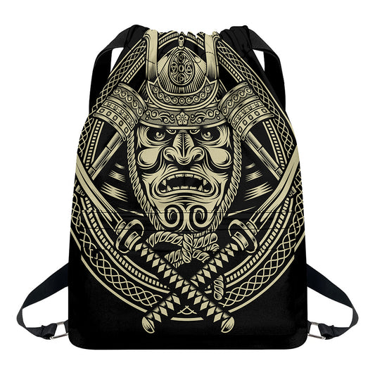 Samurai Warrior Mask Print Drawstring Backpack
