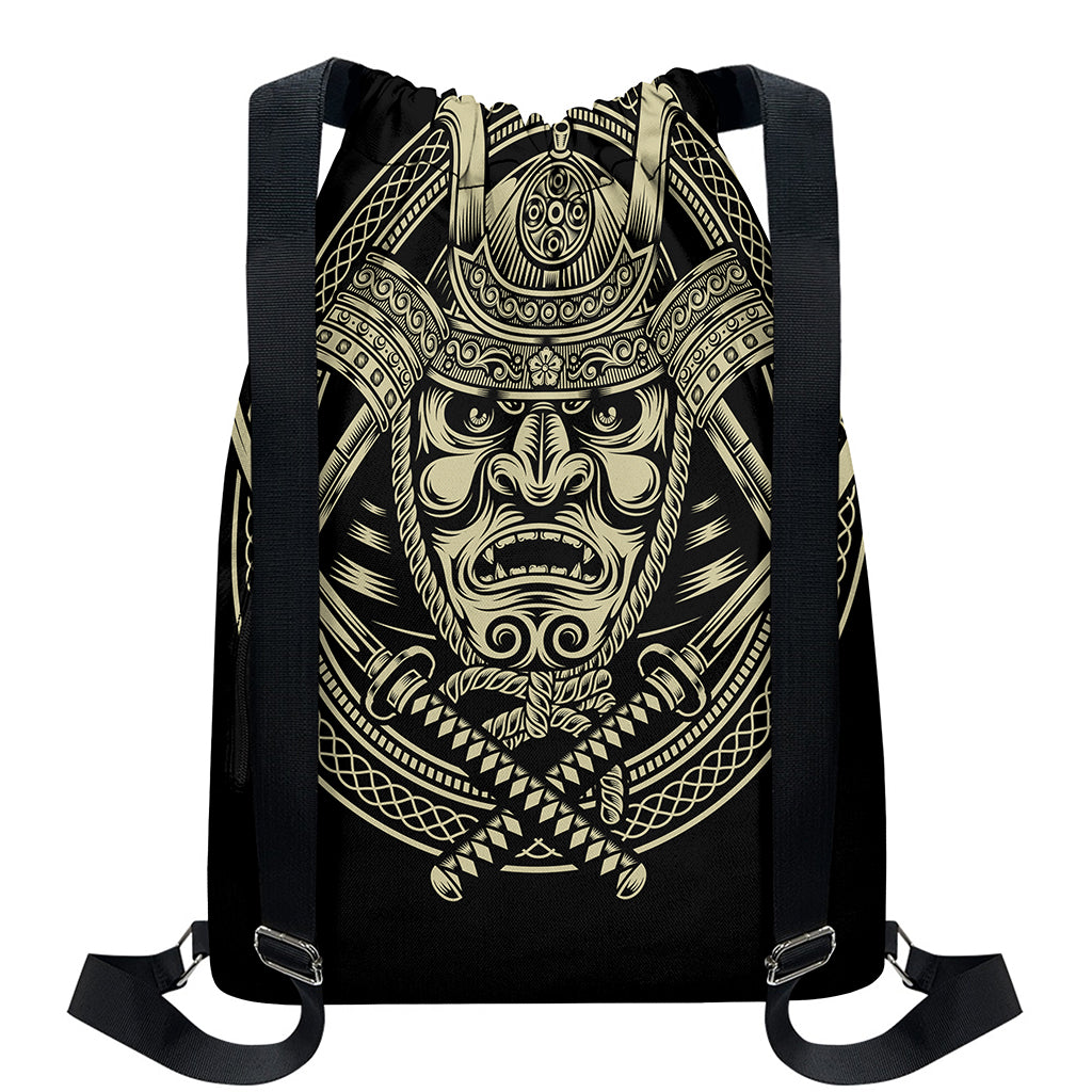 Samurai Warrior Mask Print Drawstring Backpack