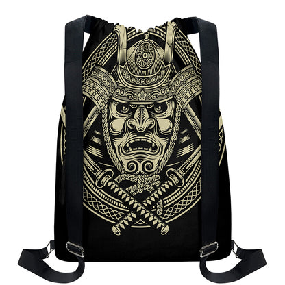Samurai Warrior Mask Print Drawstring Backpack