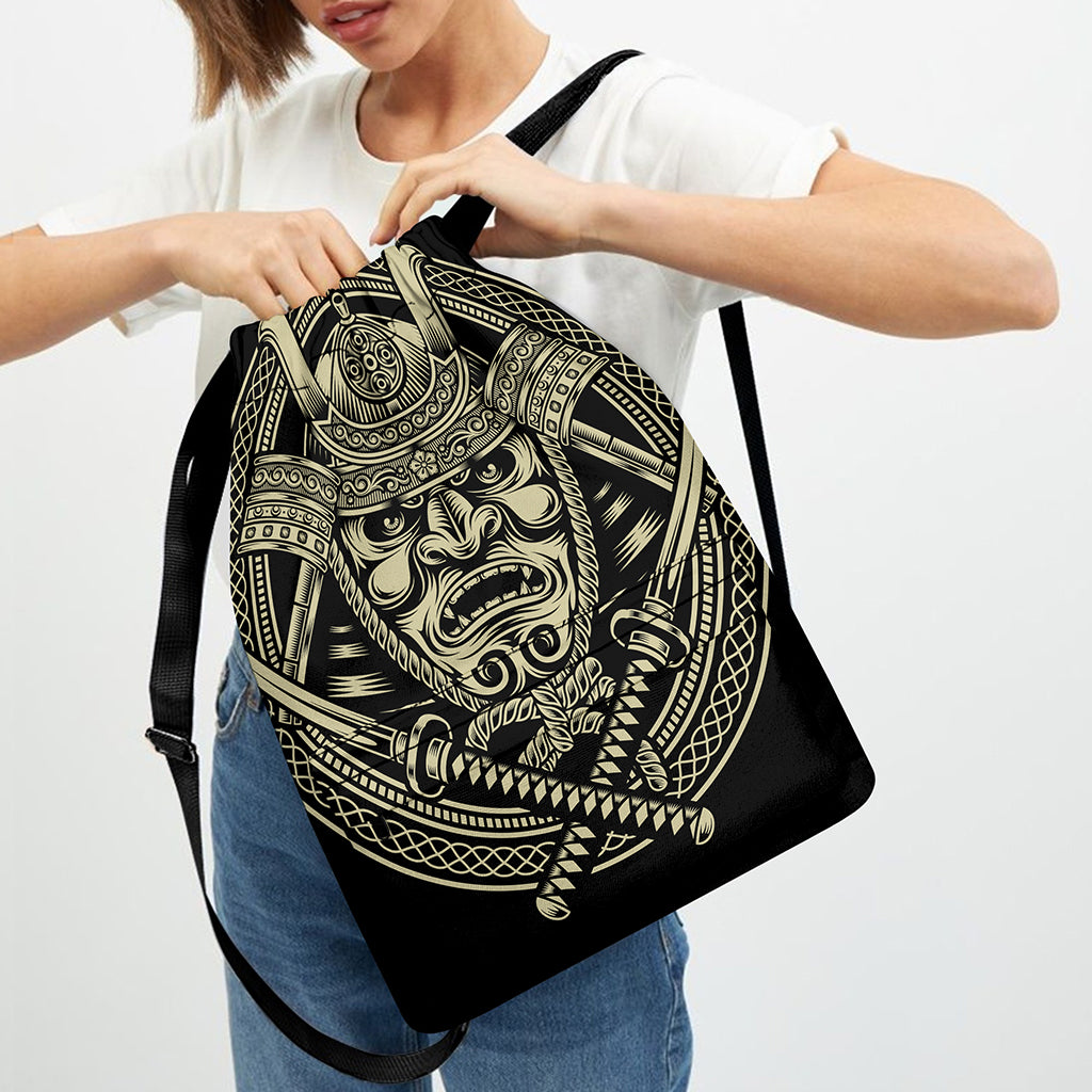 Samurai Warrior Mask Print Drawstring Backpack