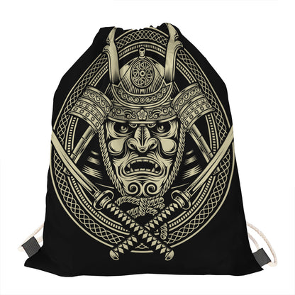 Samurai Warrior Mask Print Drawstring Bag