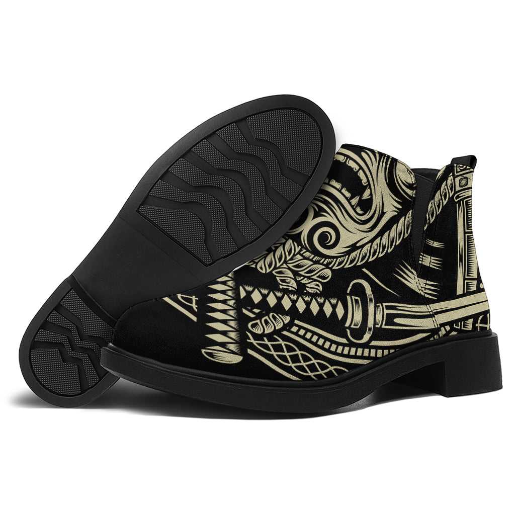 Samurai Warrior Mask Print Flat Ankle Boots