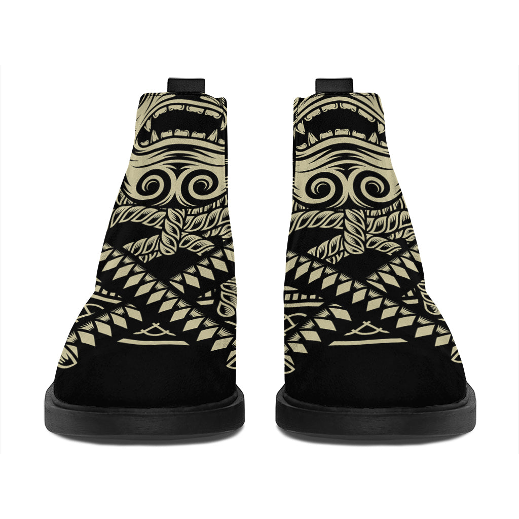 Samurai Warrior Mask Print Flat Ankle Boots