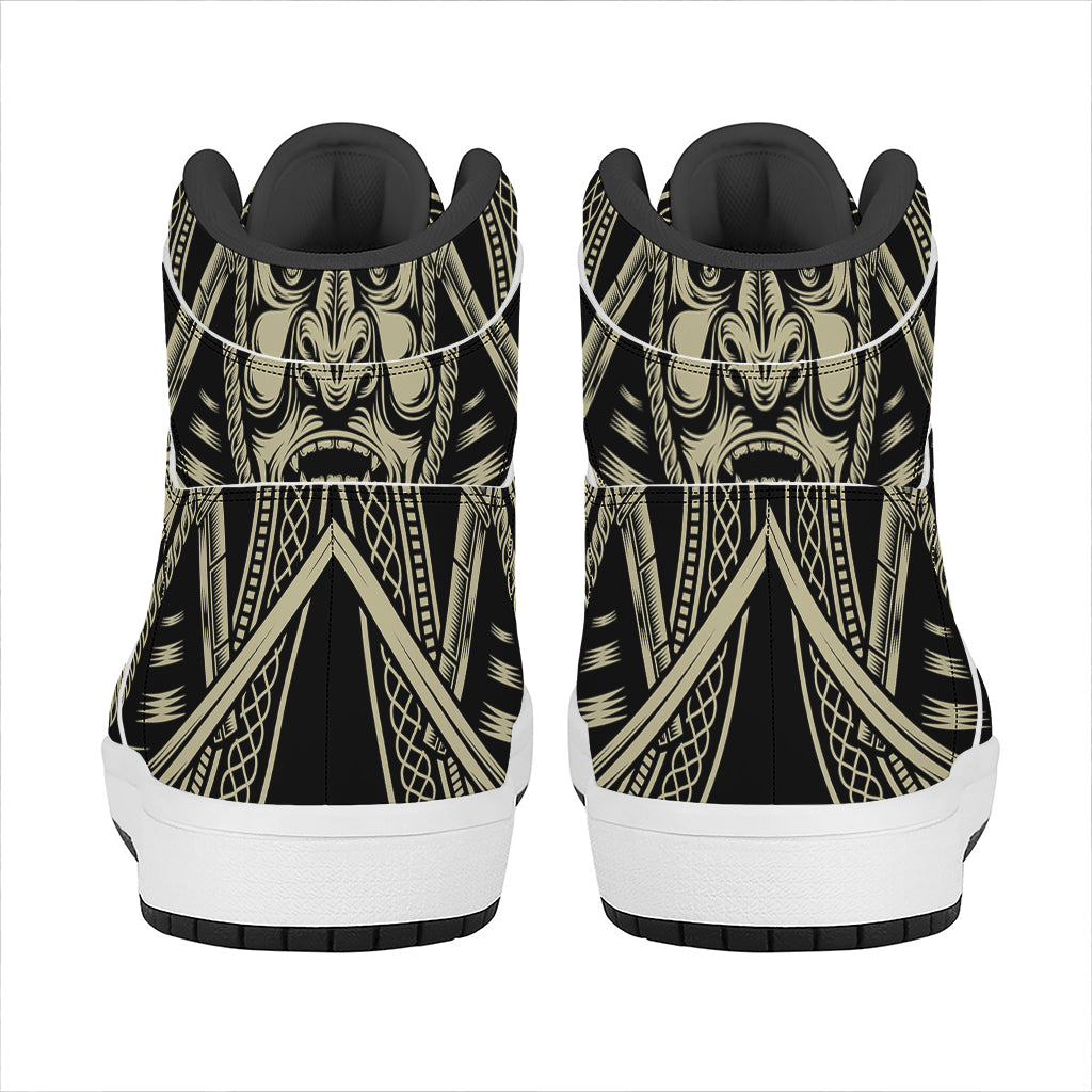 Samurai Warrior Mask Print High Top Leather Sneakers