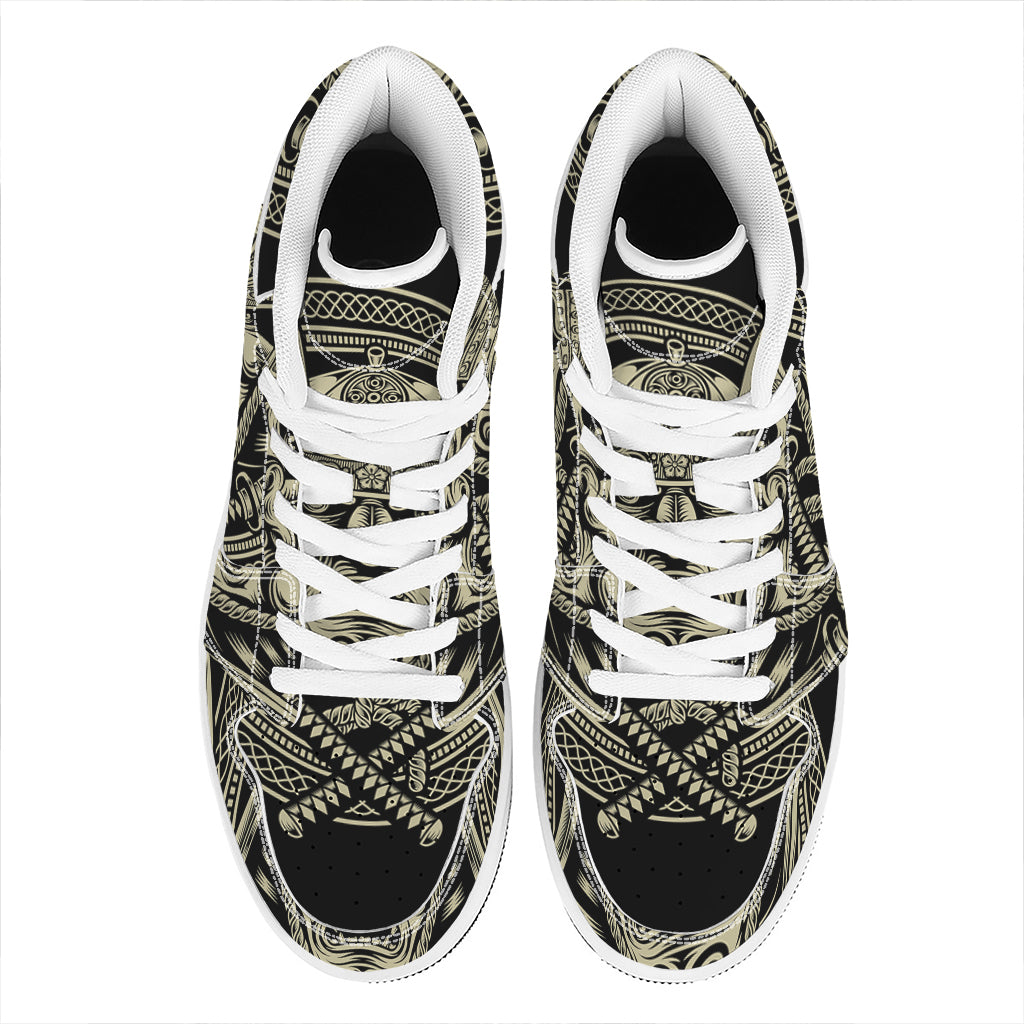 Samurai Warrior Mask Print High Top Leather Sneakers