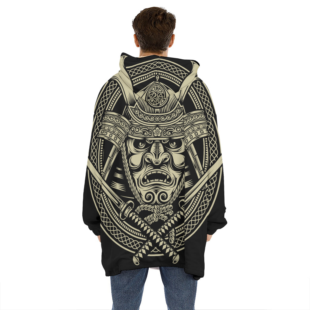 Samurai Warrior Mask Print Hoodie Blanket
