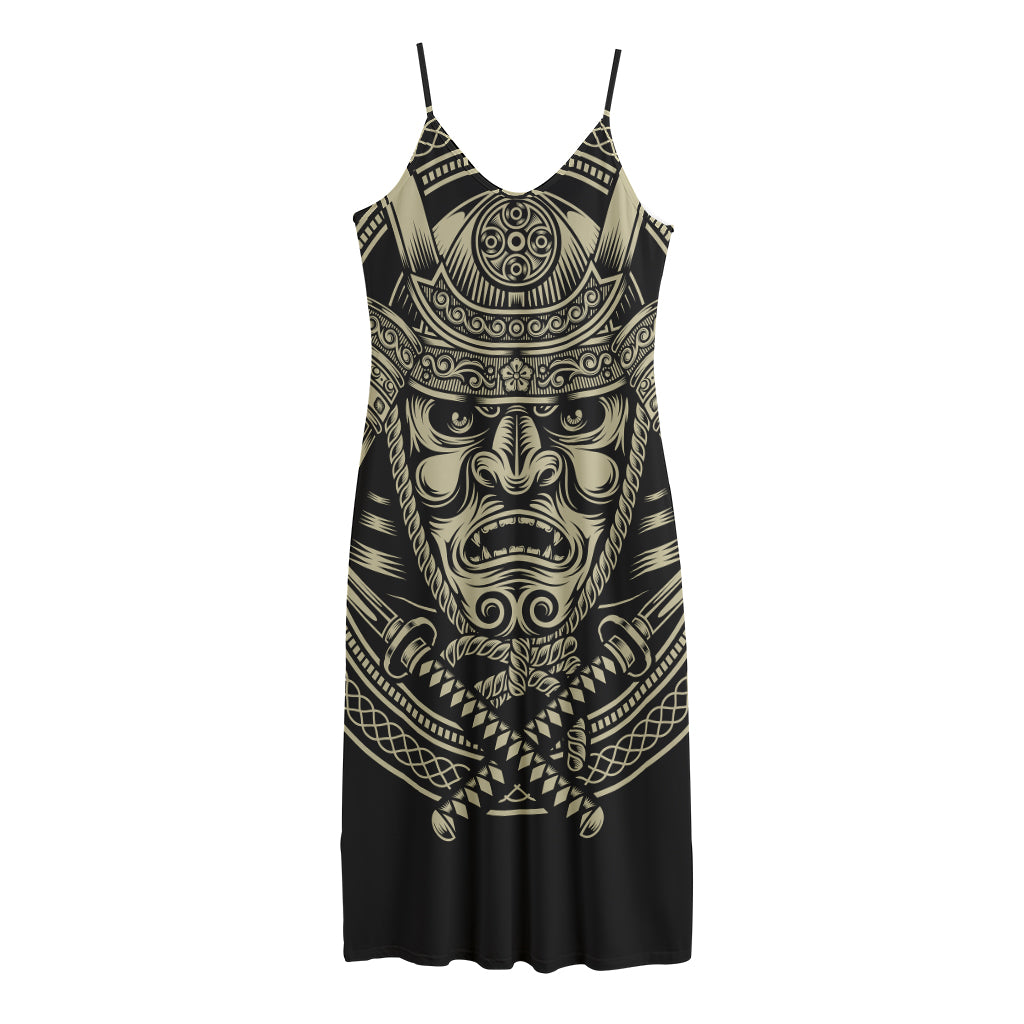 Samurai Warrior Mask Print Jersey Midi Cami Dress