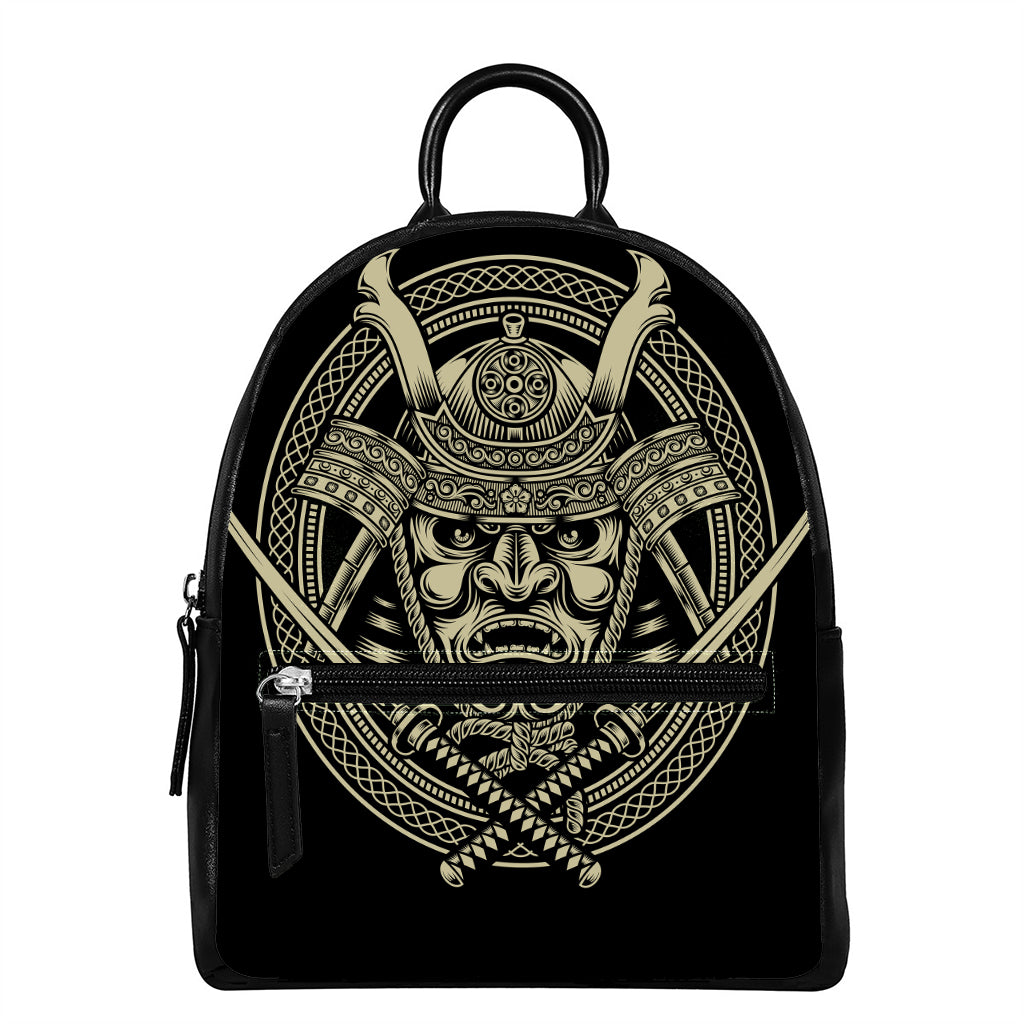 Samurai Warrior Mask Print Leather Backpack